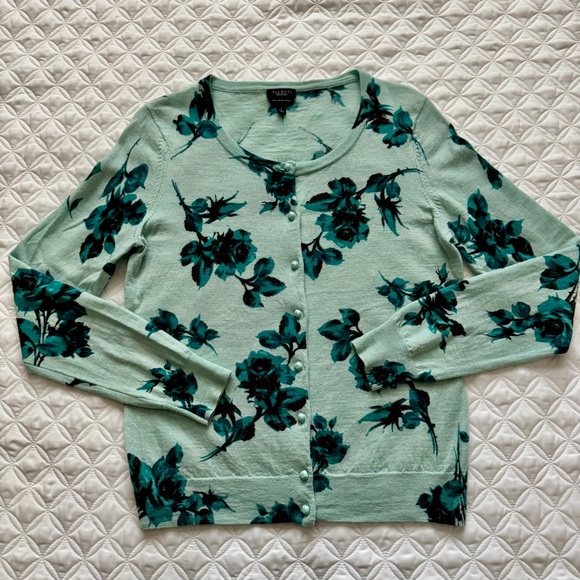 Talbots Sweaters - Talbots Pure Italian Merino Wool Button Down Cardigan Mint Teal Floral Size S